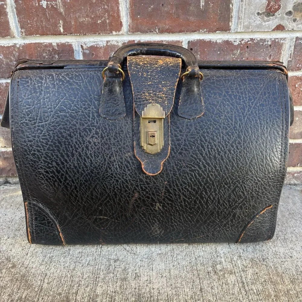 Antique Doctor Bag Physicians Black Pebble Grain Leather Art Deco Brass MCM Vtg